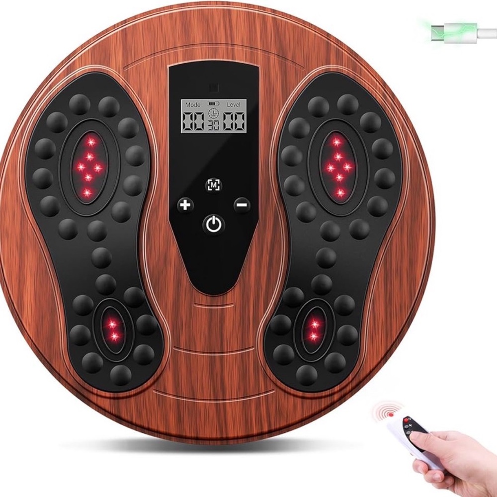 Infrared EMS & TENS Foot Stimulator, 4 Pads, Wood-Inspired, USB Rechargeable